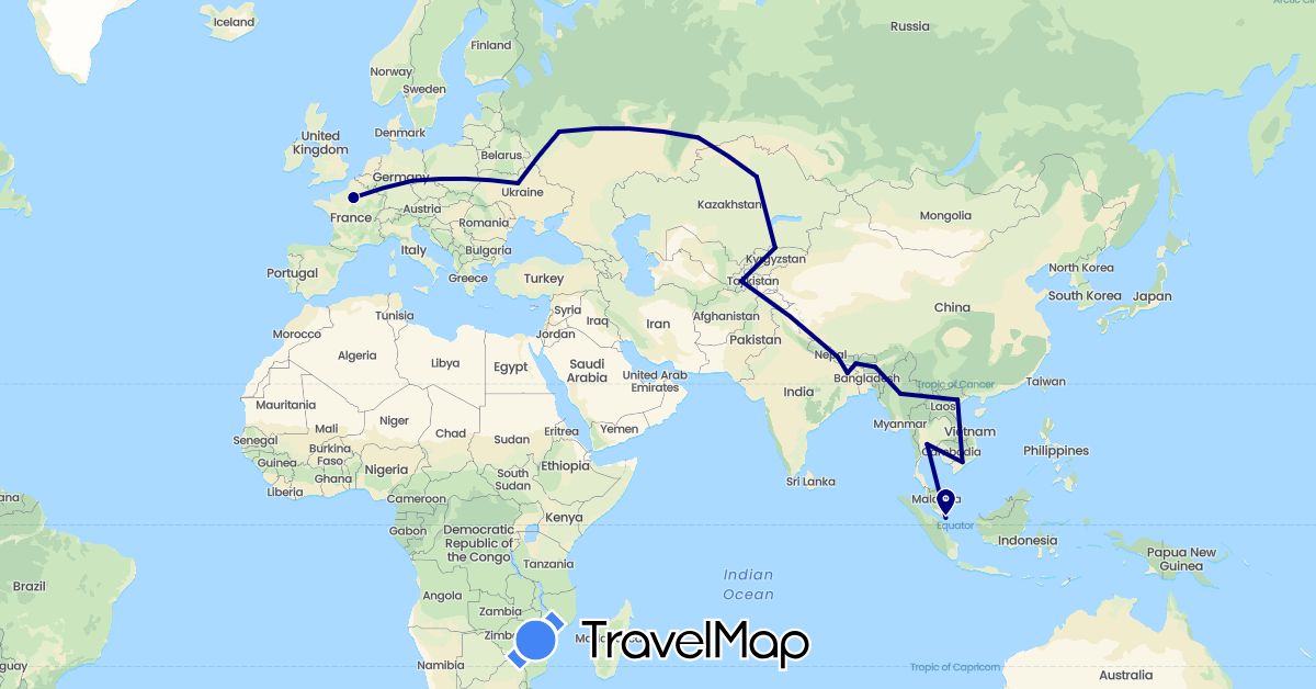 TravelMap itinerary: driving in Germany, France, India, Kyrgyzstan, Kazakhstan, Myanmar (Burma), Nepal, Russia, Singapore, Thailand, Tajikistan, Ukraine, Vietnam (Asia, Europe)